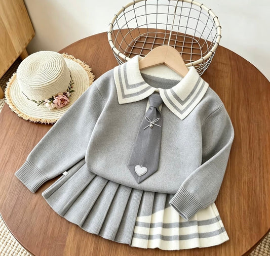 Preppy Heart Tie Knit Skirt Set