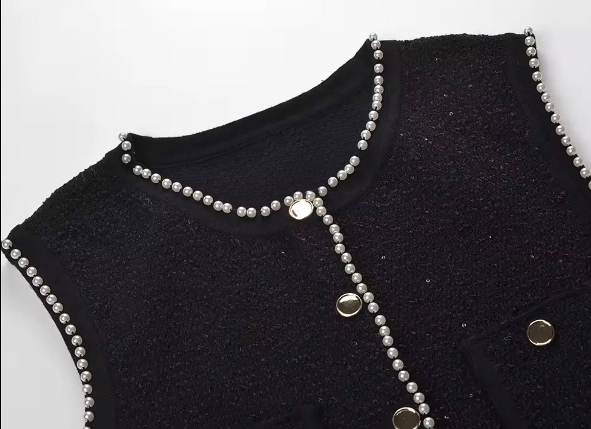 Pearl Trim Knit Vest & Pleated Skirt Set