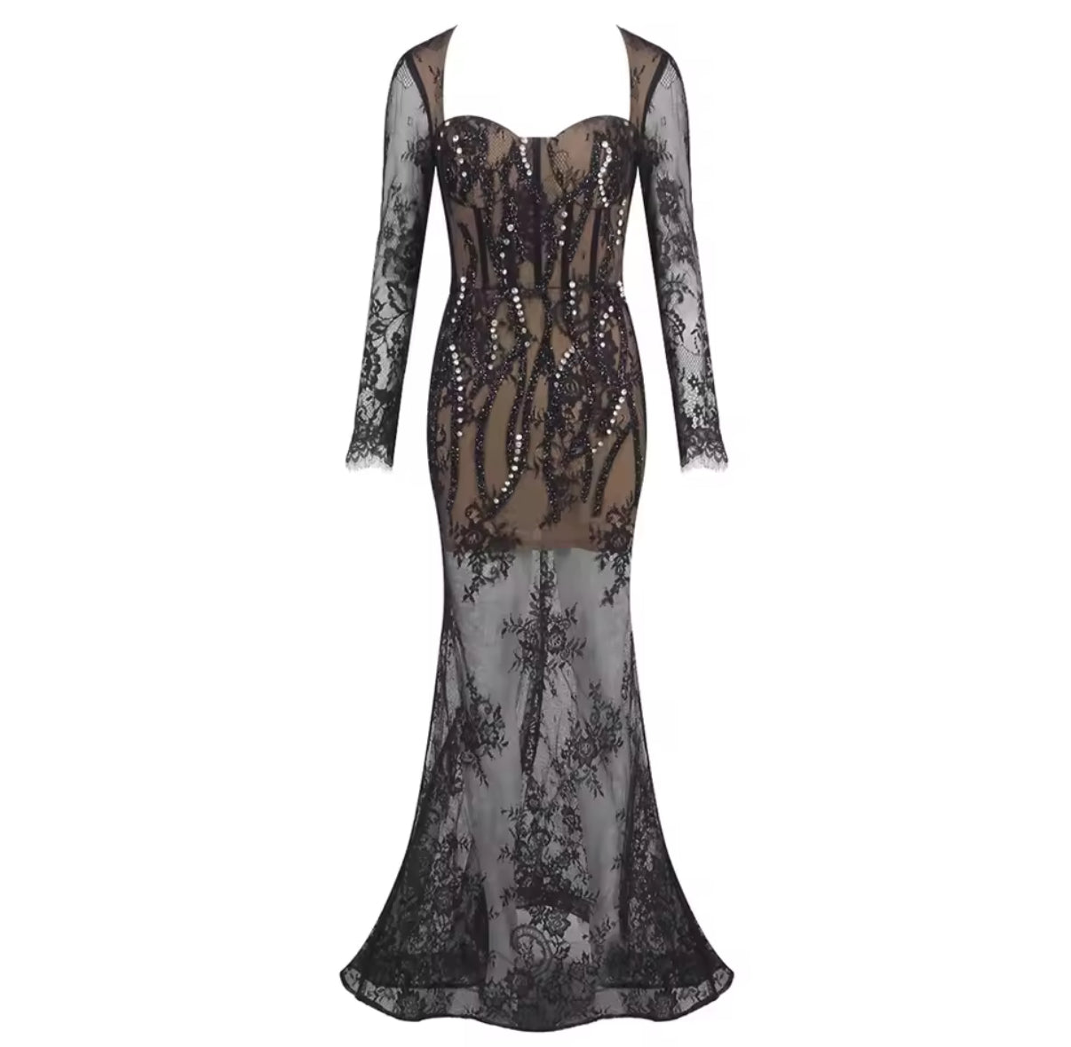 Black Illusion Dress with Beaded Corset and Lace Train