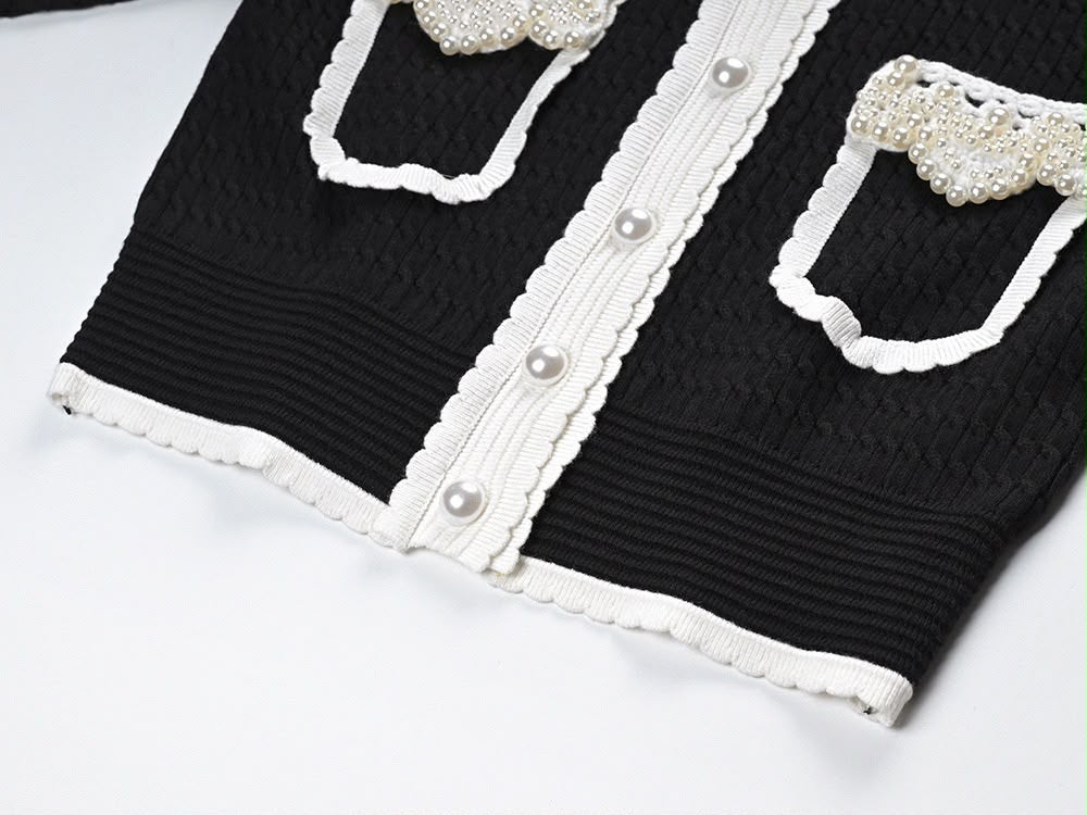 Pearl Embellished Contrast Knit Cardigan
