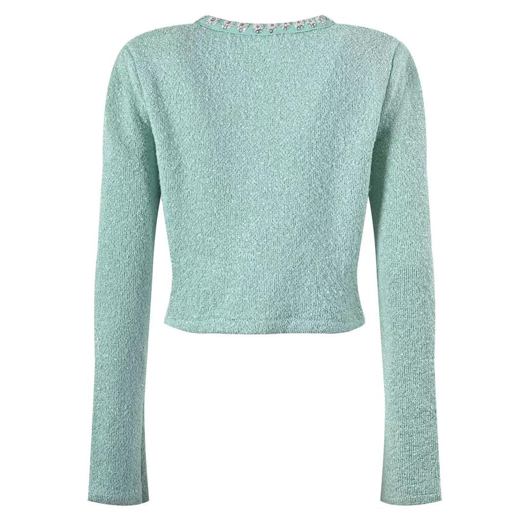 Mint Crystal-Trim Tweed Skirt Set