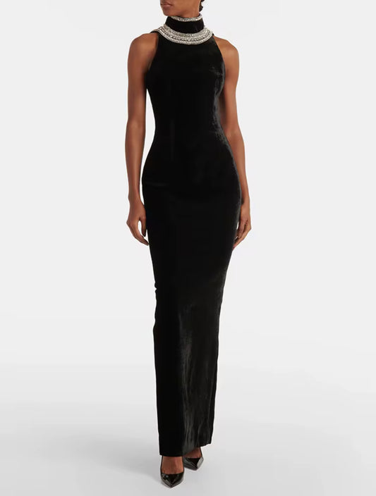 Black Velvet Halter Maxi Dress with Embellished Collar