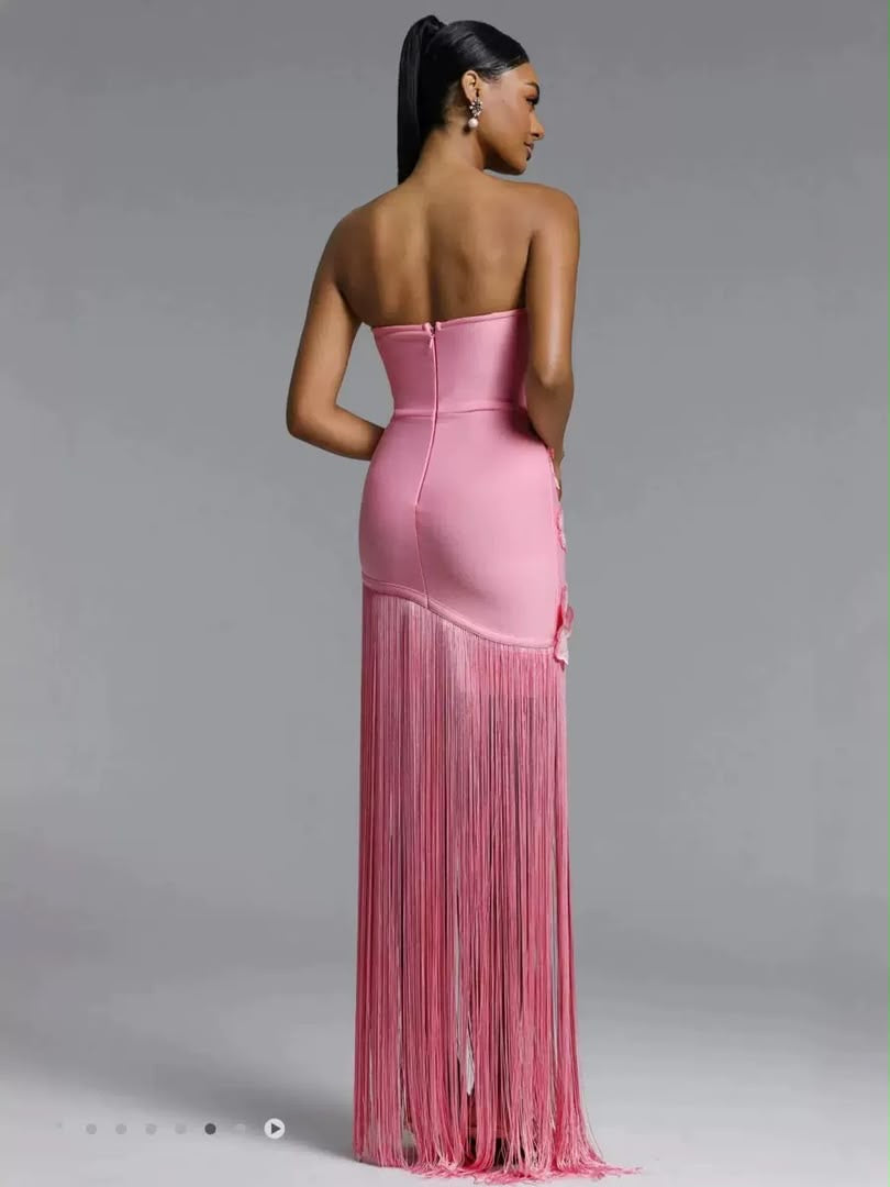 Floral Appliqué Fringe Maxi Dress