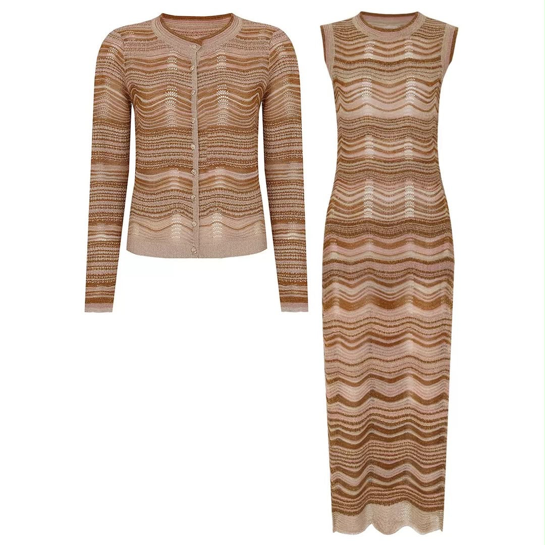 Bronze Wave Knit Maxi Dress & Cardigan Set