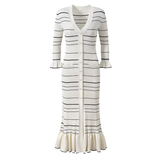 Ivory Striped Ruffle Maxi Knit Dress