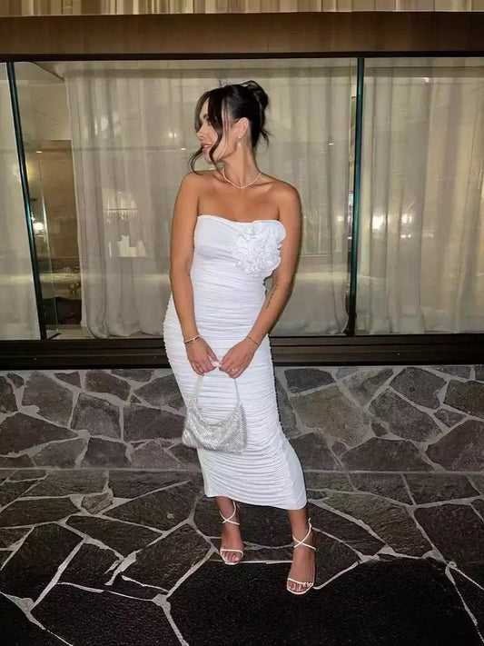 Strapless Ruched Midi Dress with 3D Floral Detail