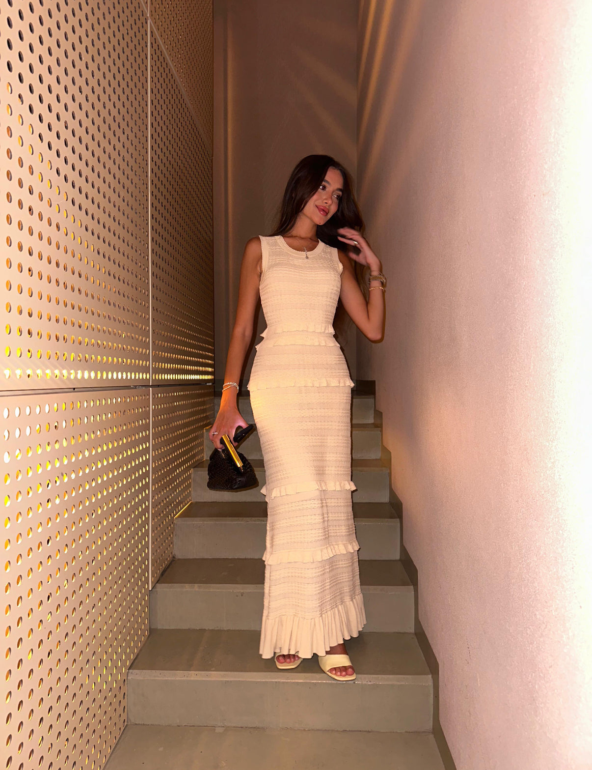Pastel sleeveless maxi dress with layered ruffle tiers