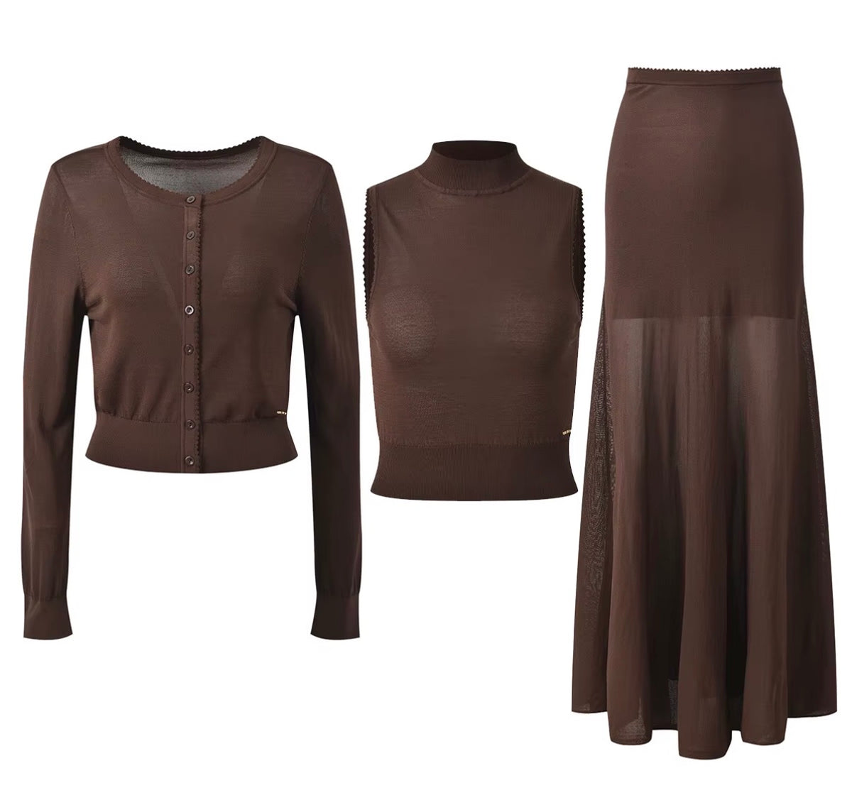 Chocolate Sheer Knit Three-Piece Set