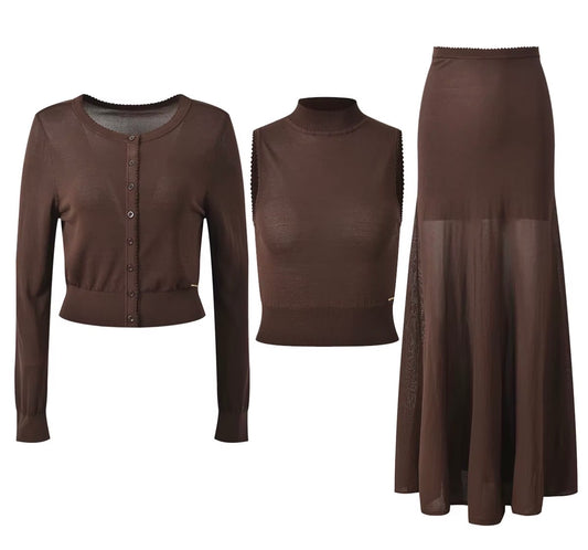 Chocolate Sheer Knit Three-Piece Set