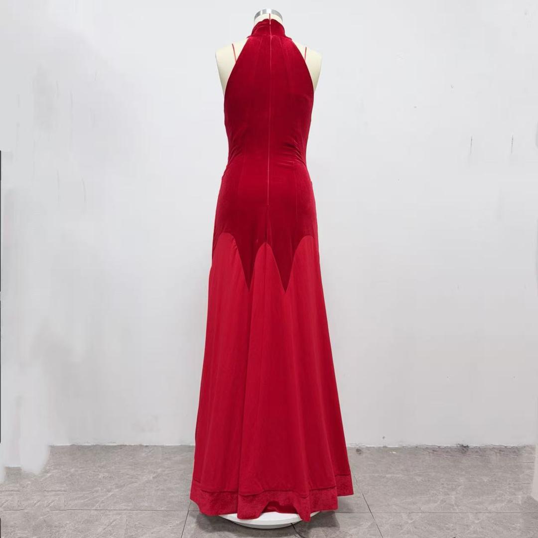 Halter Neck Velvet Maxi Dress