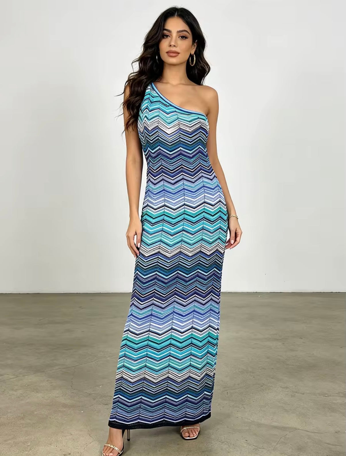 Zigzag One-Shoulder Knit Maxi Dress