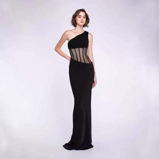 One-Shoulder Sheer Corset Maxi Dress