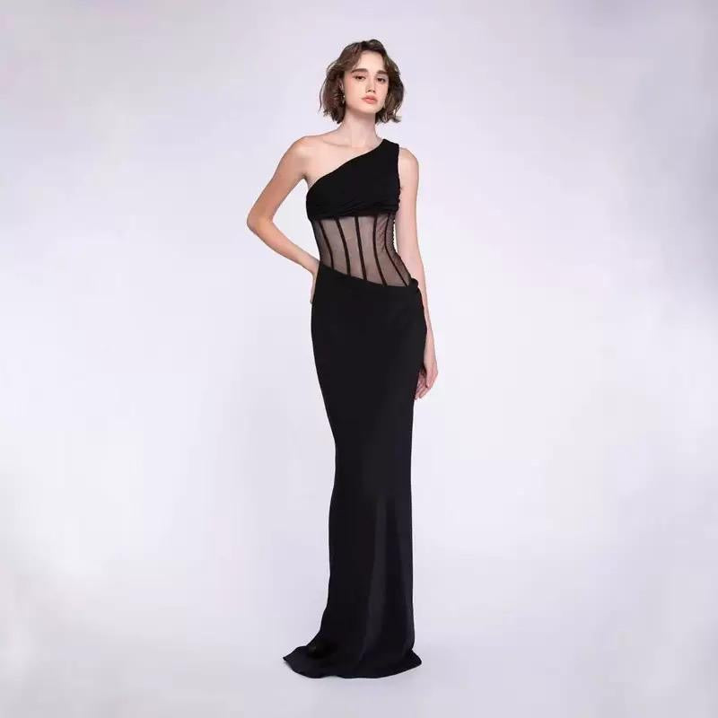 One-Shoulder Sheer Corset Maxi Dress