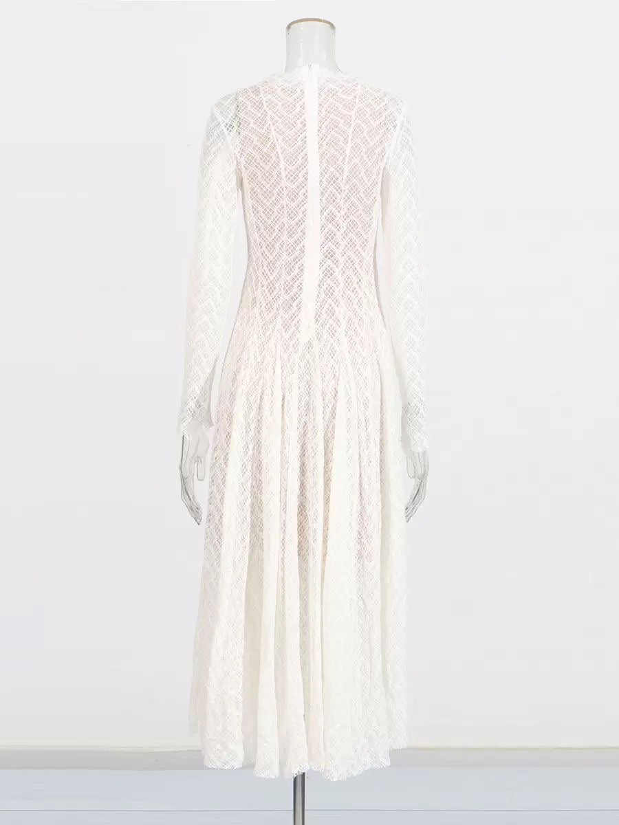 Ethereal Lace High-Neck Long-Sleeve Maxi Dress