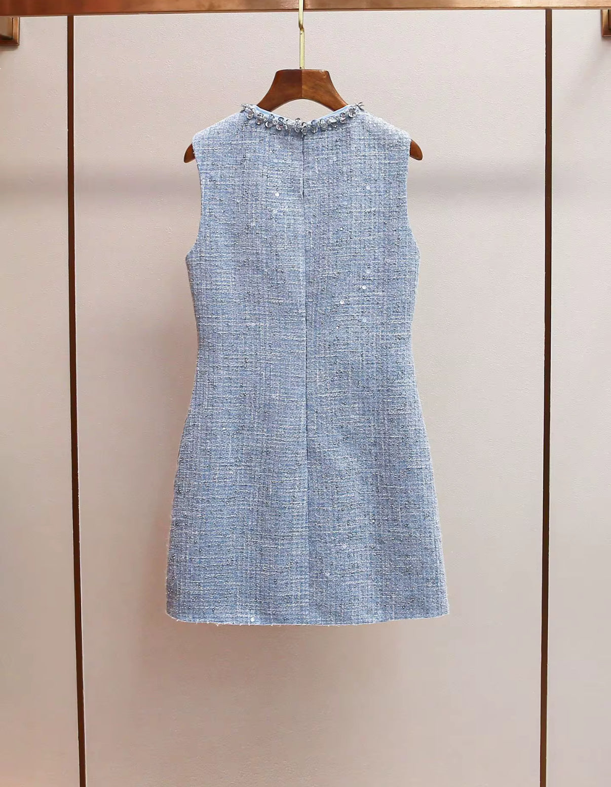 Blue Tweed Embellished Mini Dress
