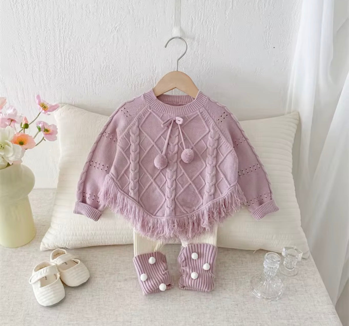 Lilac Pom-Pom Fringe Knit Set