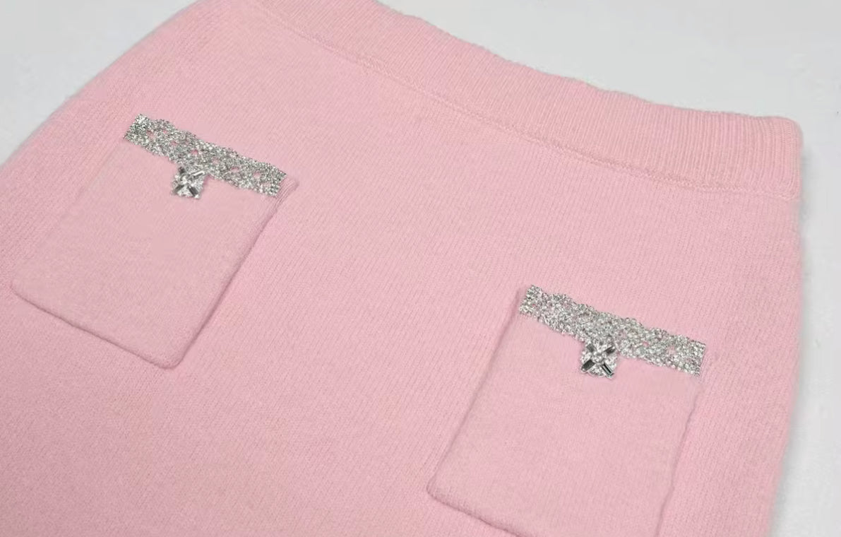 Knit Cardigan & Skirt Set with Crystal Detailing