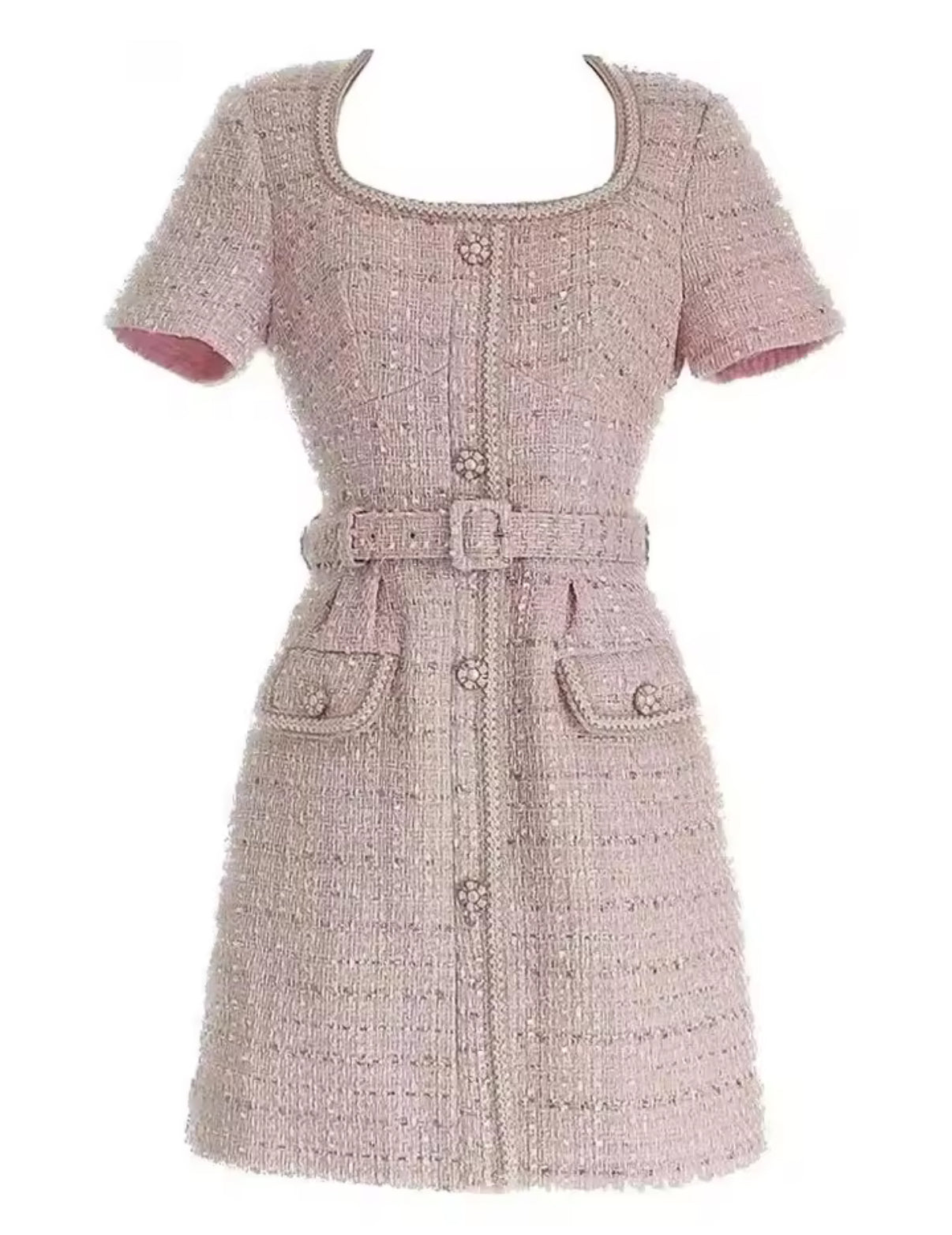 tweed mini dress with pearl buttons and a belted waist