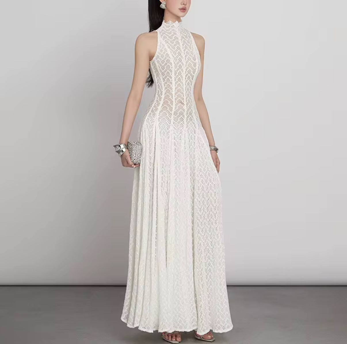 High-Neck Lace Dress with Sheer Illusion Detail