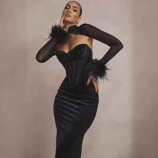 Velvet Corset Maxi Dress with Sheer Sleeves & Feather Cuffs