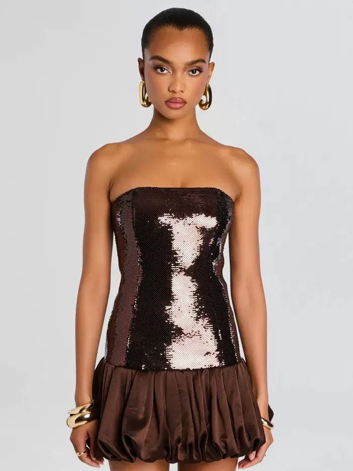 Strapless brown sequin mini dress with bubble hem