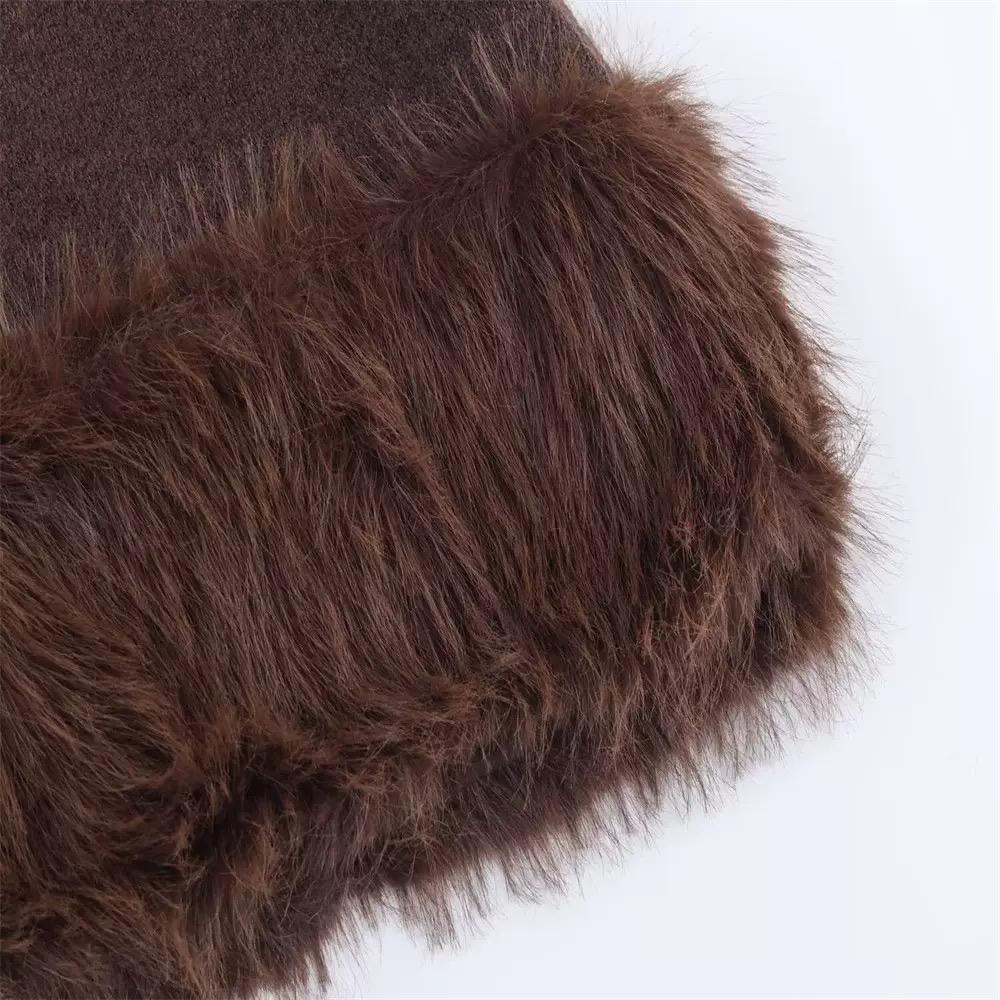 Cocoa Luxe Wool Dress with Faux Fur Hem