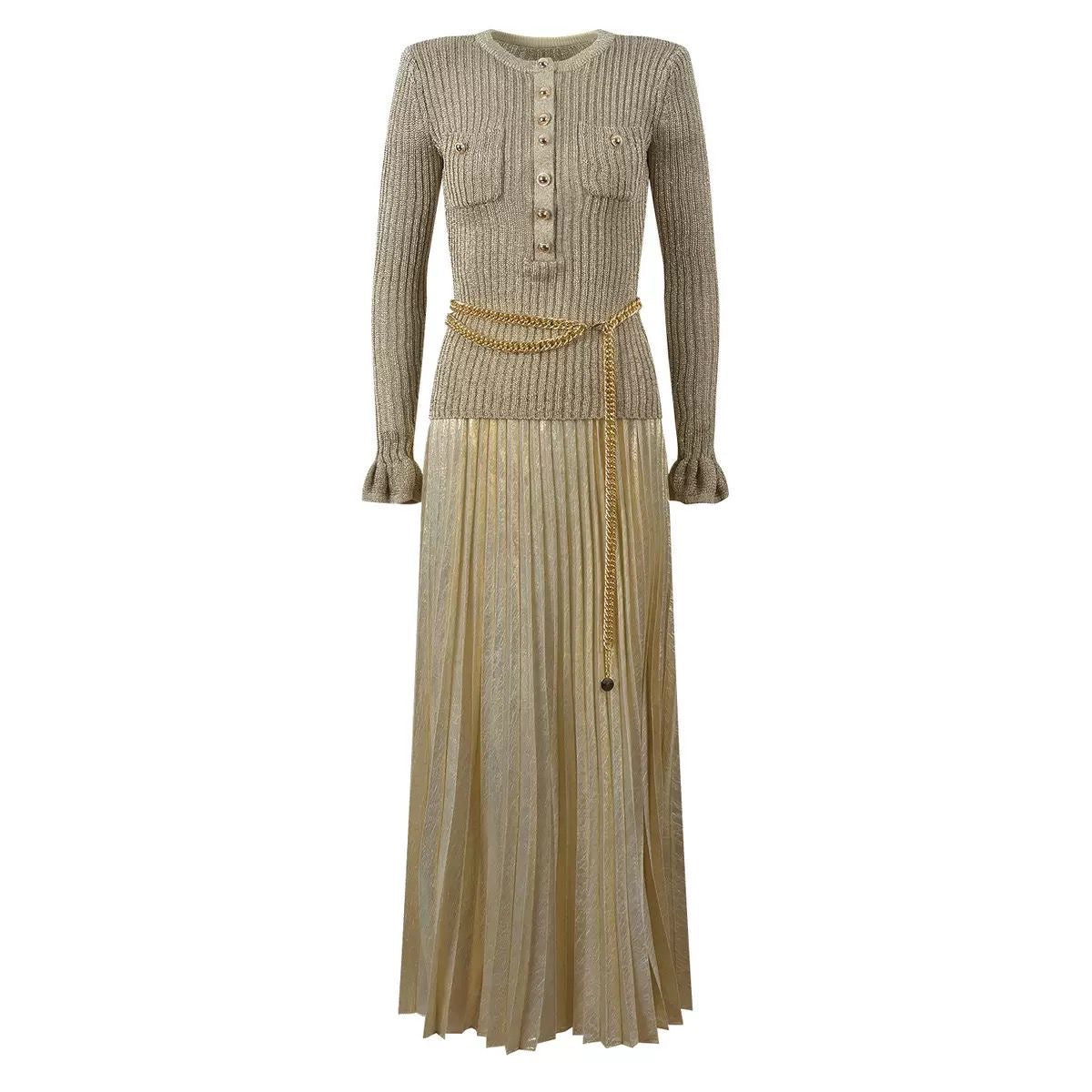 Golden Muse Pleated Maxi Dress