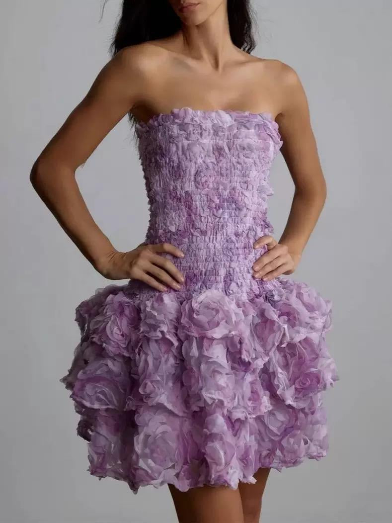 Petal Bloom Strapless 3D Floral Mini Dress