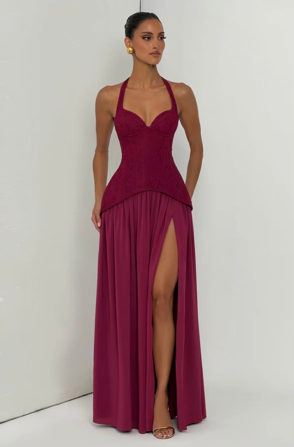 Halter Lace Corset Maxi Dress