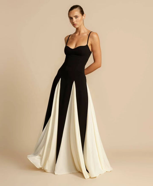strapless fit dress with flowing contrast panels