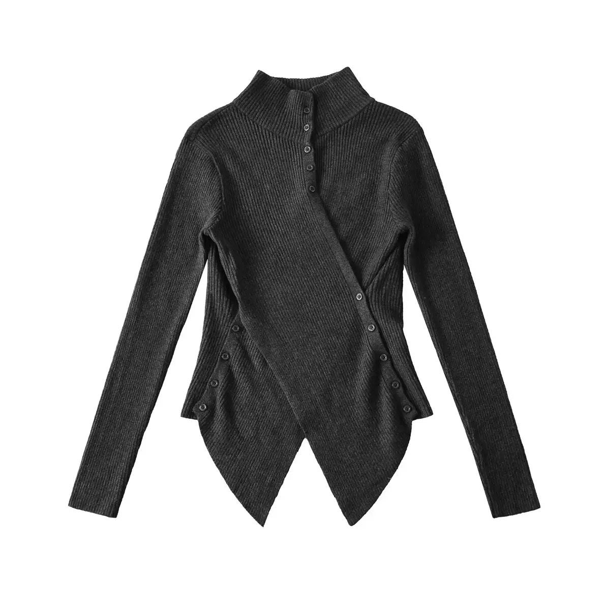 Asymmetrical Ribbed Button Top with Diagonal Hemline