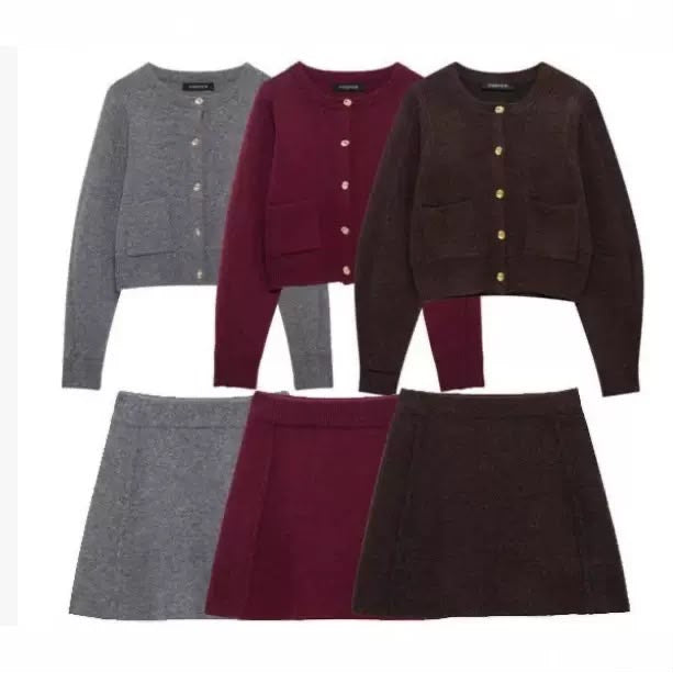 Buttoned Knit Cardigan & Skirt Set