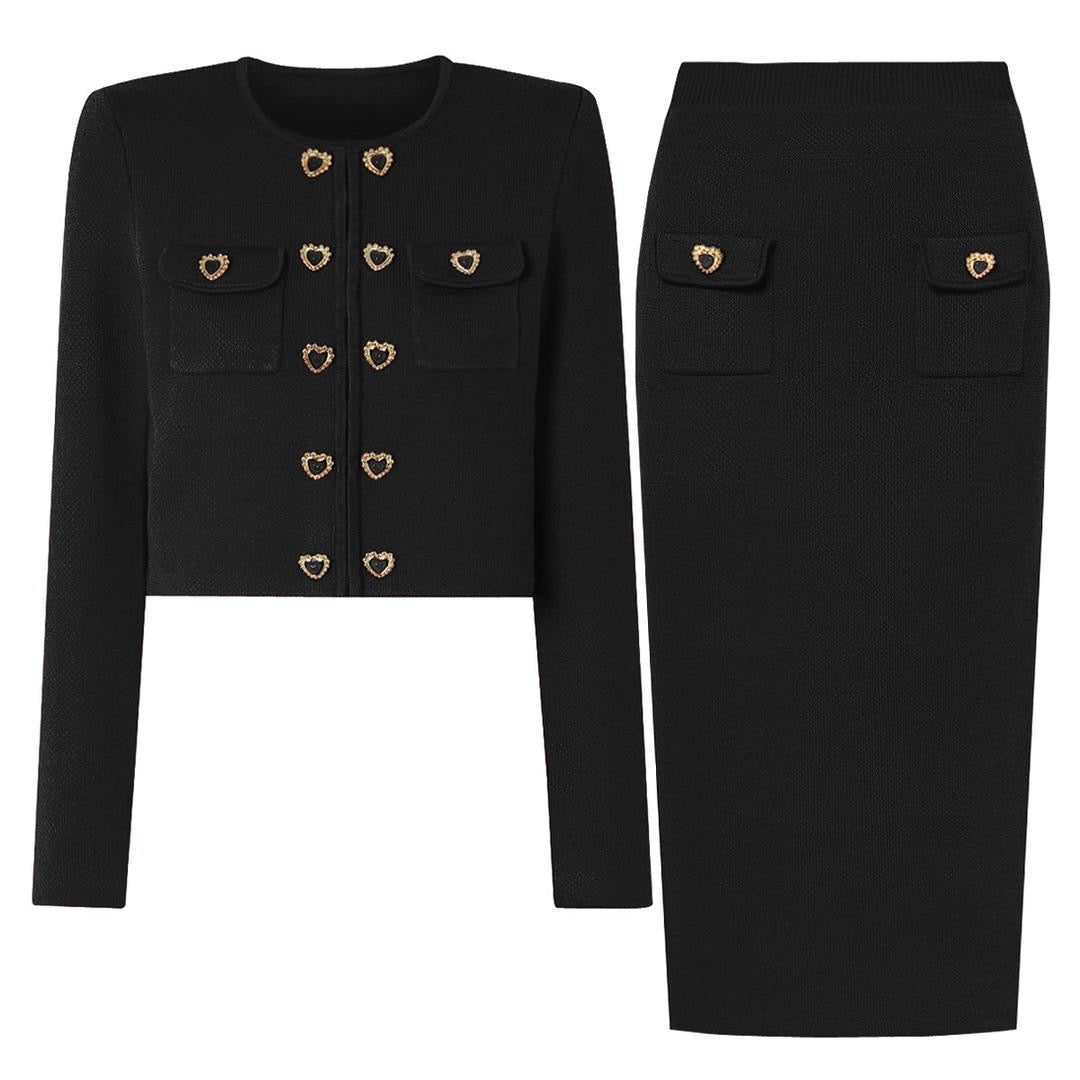 Heart-Embellished Knit Cardigan & Pencil Skirt Set