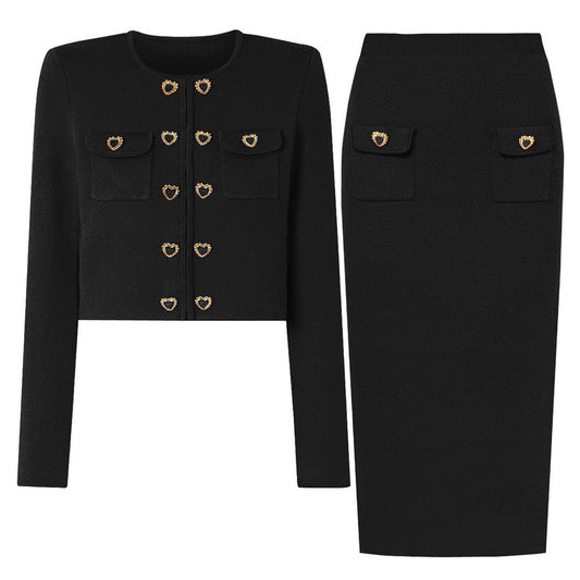 Heart-Embellished Knit Cardigan & Pencil Skirt Set