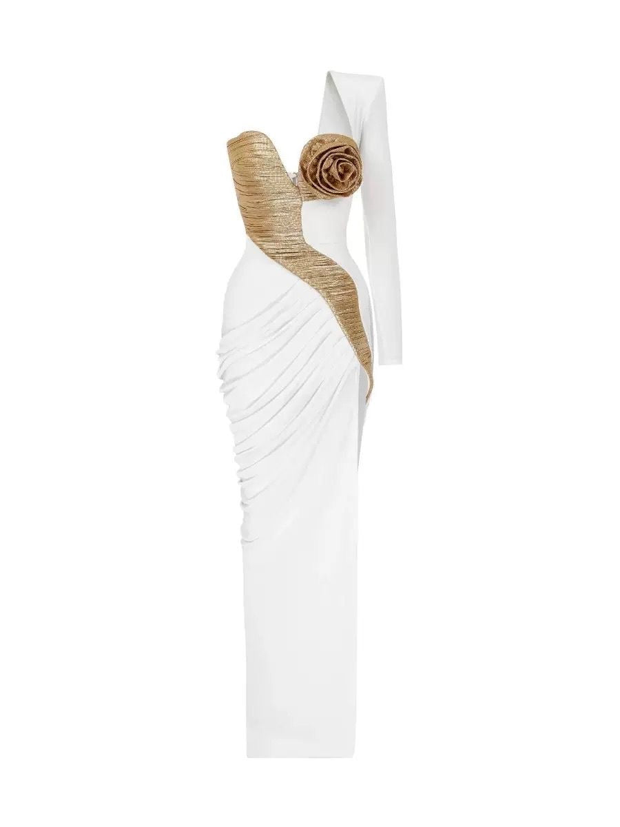 Golden Rose One-Shoulder Draped Sculptural Gown
