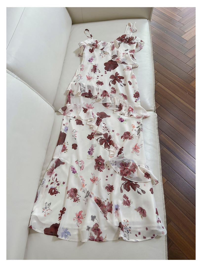 White & Red Floral Ruffle Maxi Dress