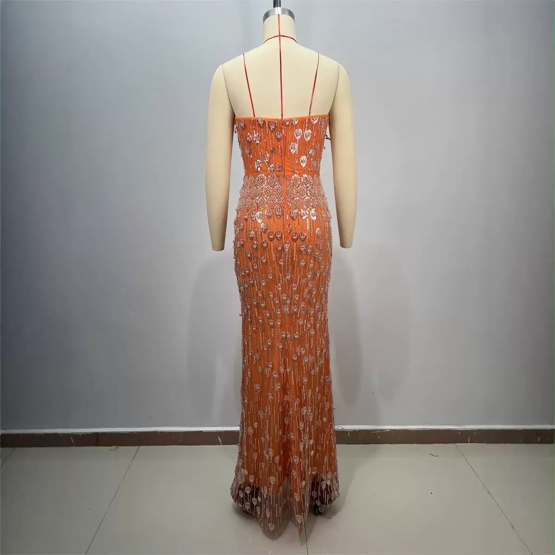 Orange Crystal-Embellished Off-Shoulder Maxi Dress ✨