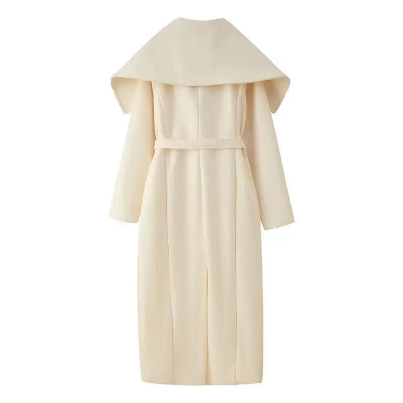 Cream Maxi Trench Coat with Oversized Collar and Belted Waist