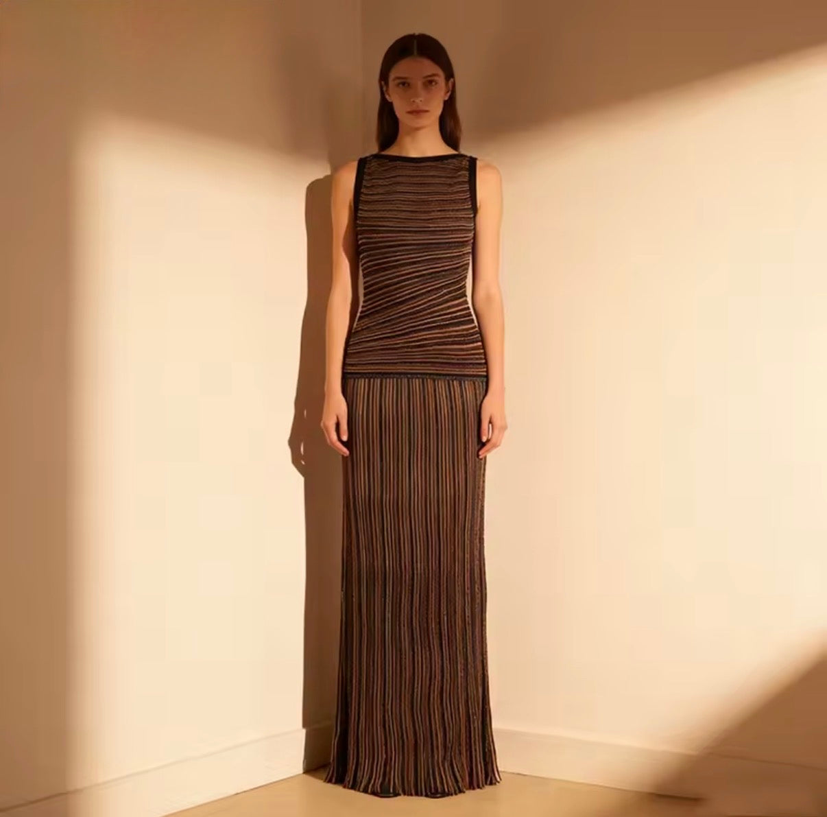 Pleated Striped Knit Maxi Dress