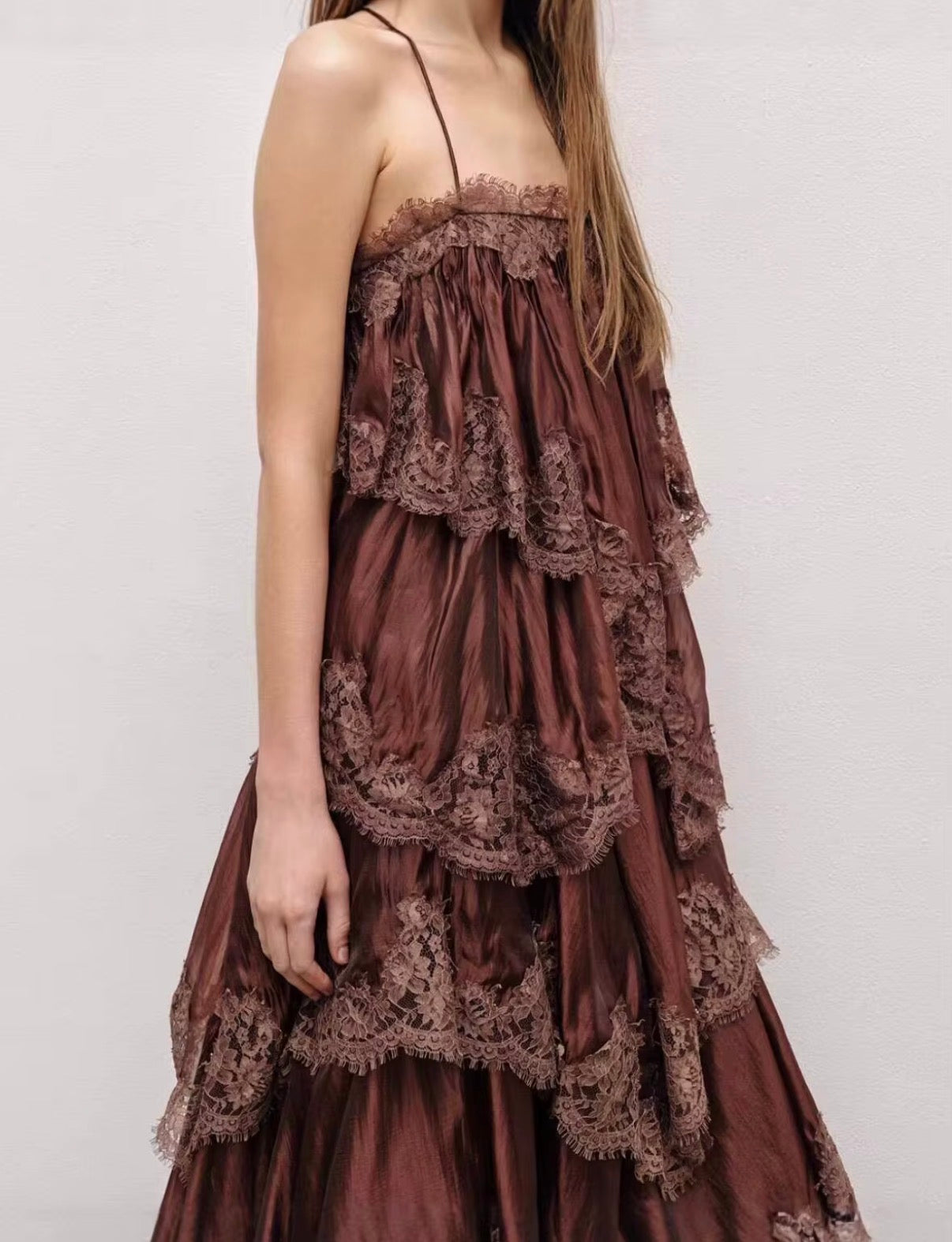 Chocolate Sheer Lace Tiered Maxi Dress with Layered Ruffles