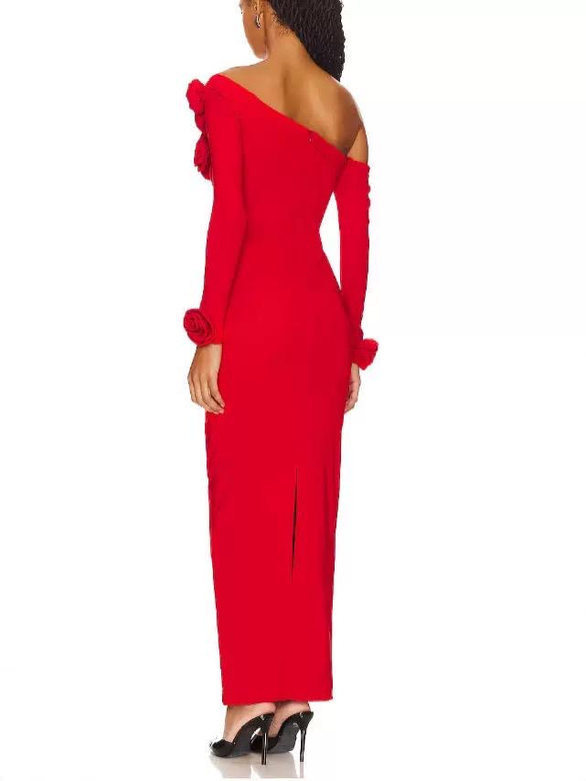Red Crimson Rose One-Shoulder Sculpted Maxi Dress