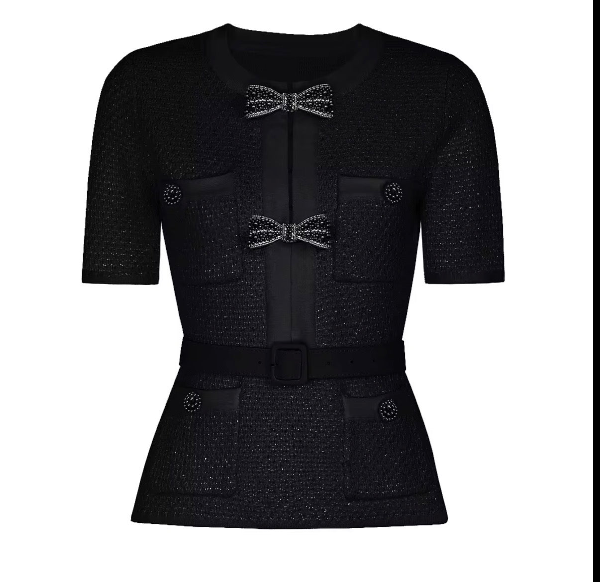 Bow Detail Tweed Top & Skirt Set