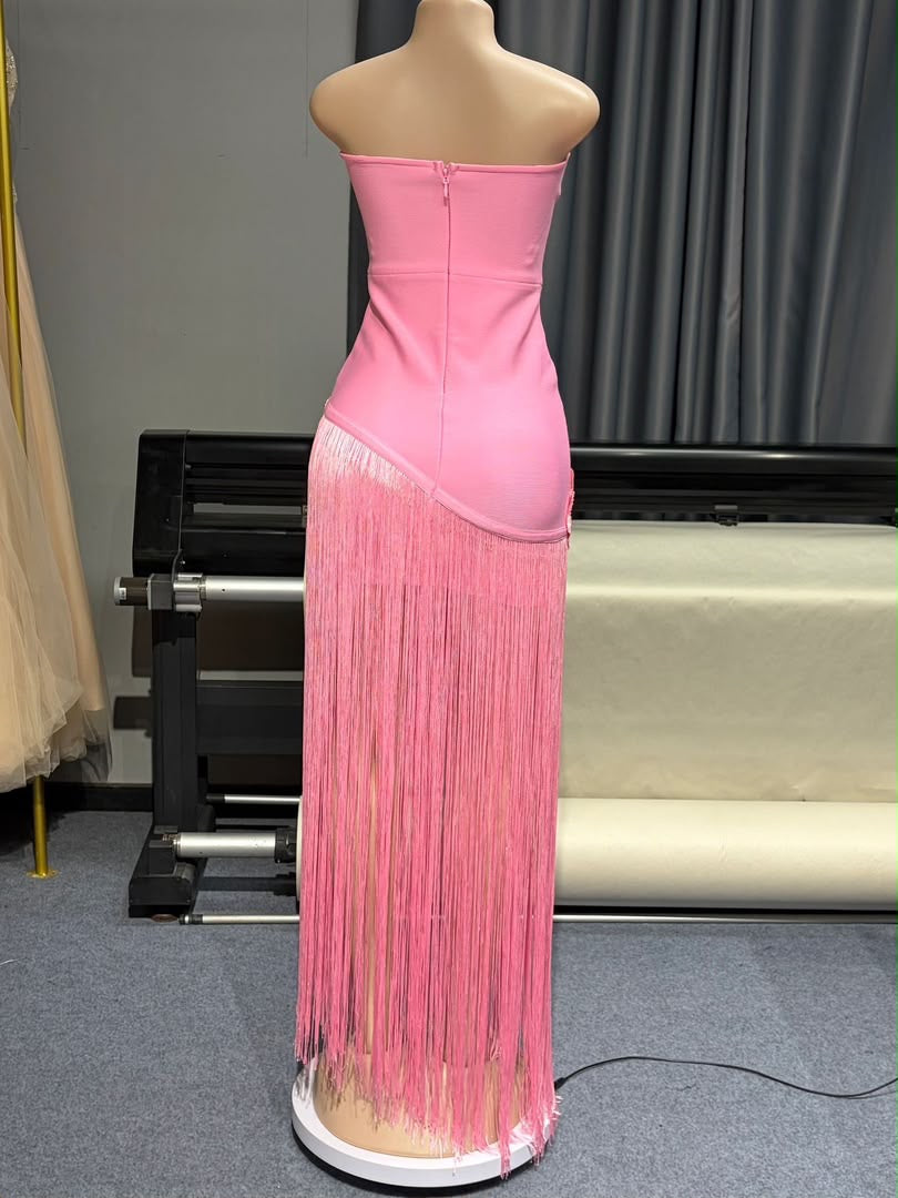 Floral Appliqué Fringe Maxi Dress