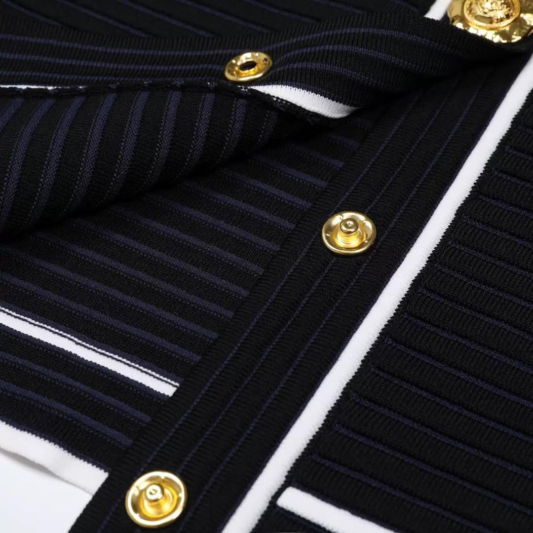 Classic Gold-Button Knitted Blazer & Pleated Skirt Set