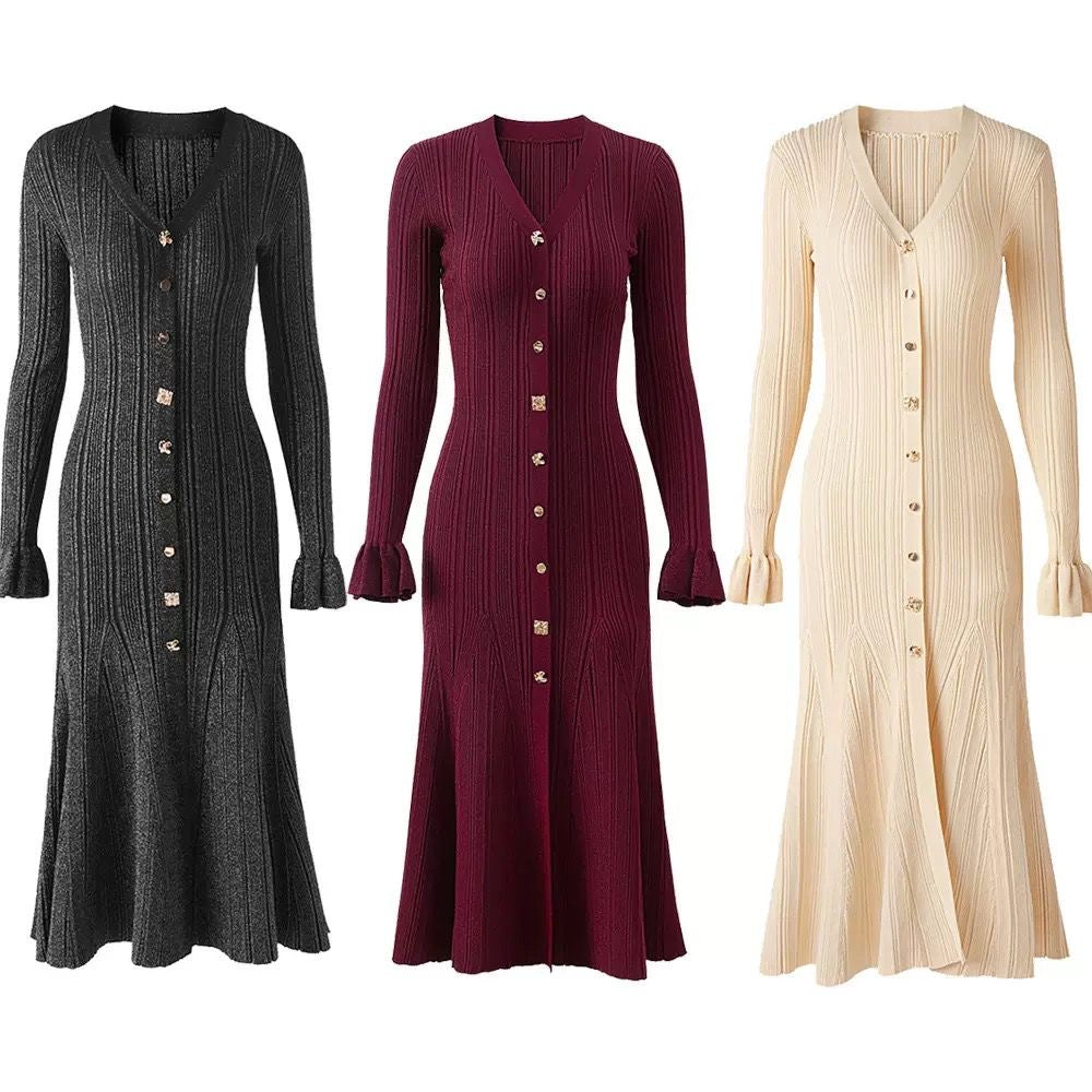 Long-Sleeve Knit Maxi Dress with Gold Buttons