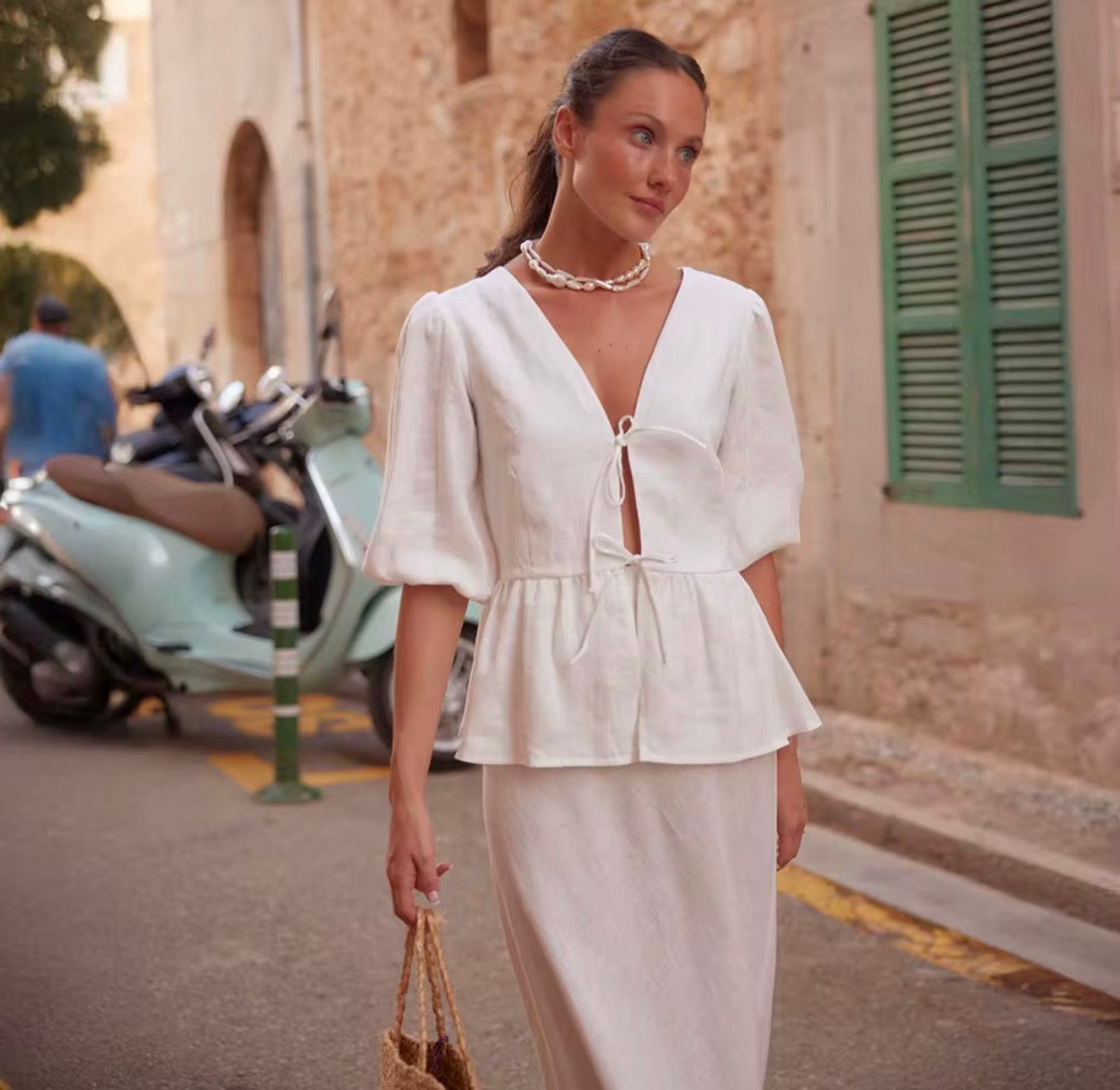 Ivory Tie-Front Peplum Maxi Skirt Set
