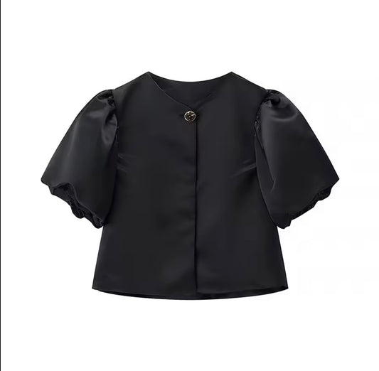 Puff Sleeve Button-Front Satin Top