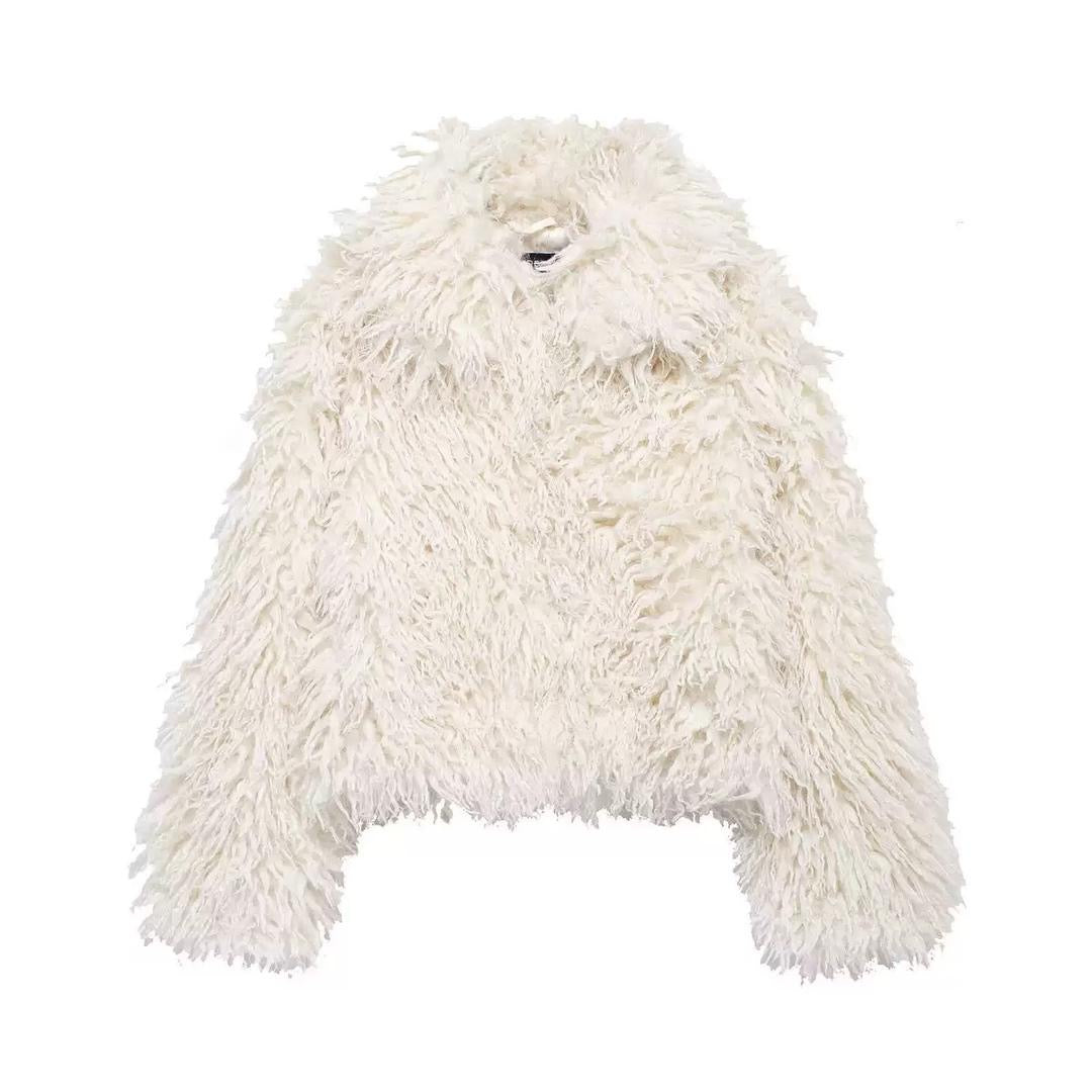 Chic White Faux-Fur Outerwear with Soft Shag Detailing