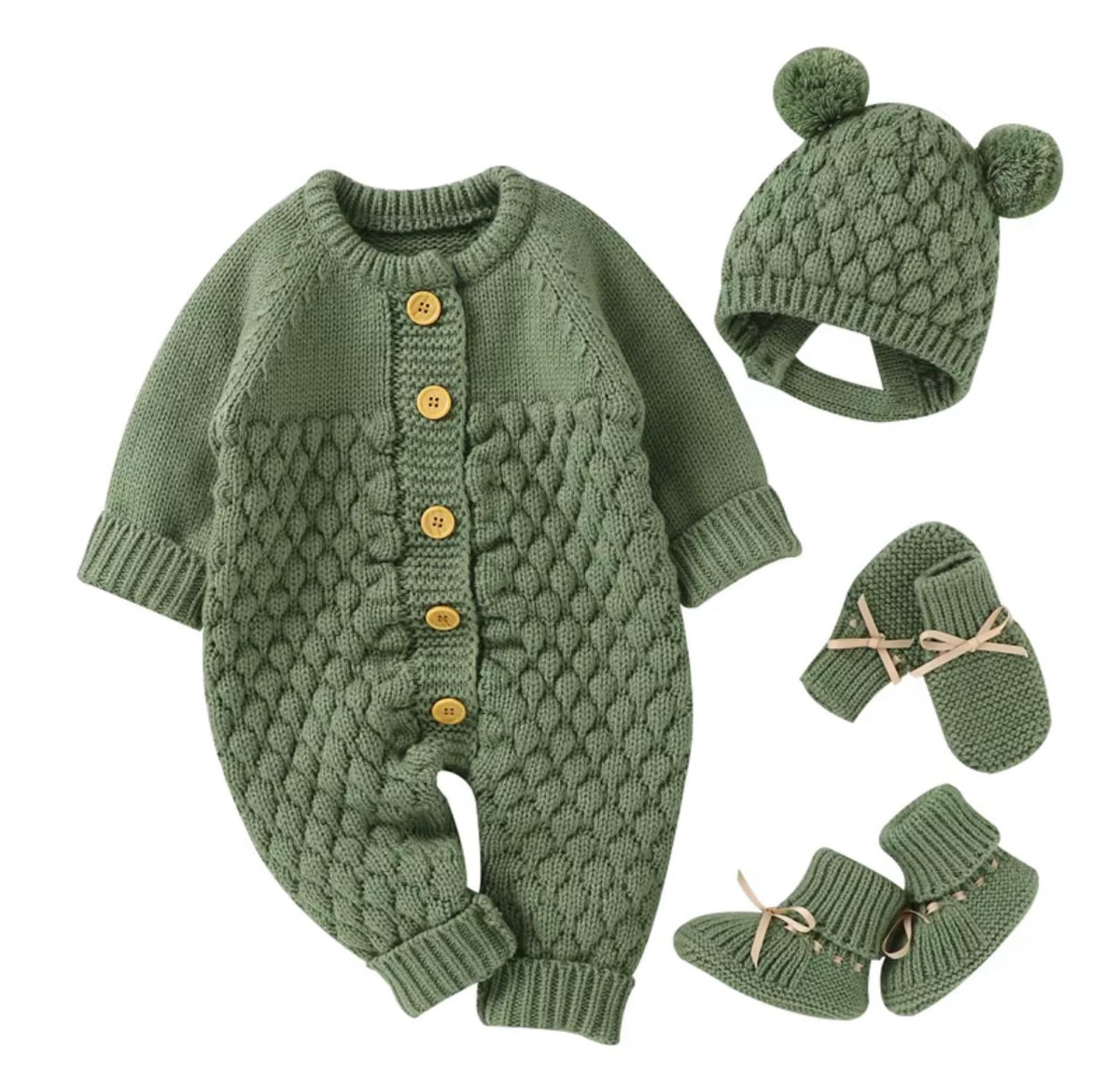 Baby Cable Knit Romper Set with Pom Pom Hat & Booties