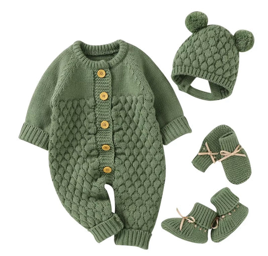 Baby Cable Knit Romper Set with Pom Pom Hat & Booties